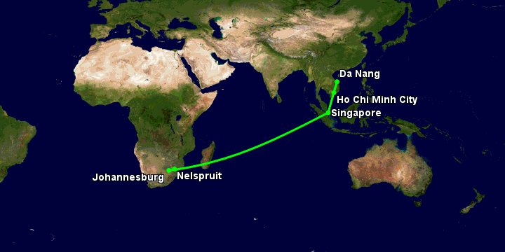 Bay từ Đà Nẵng đến Nelspruit qua TP HCM, Singapore, Johannesburg