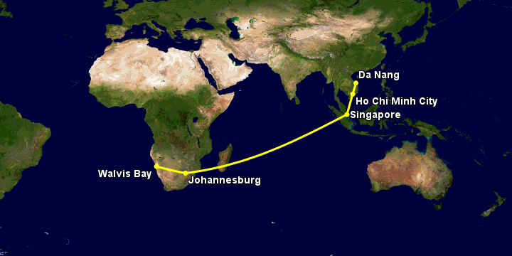 Bay từ Đà Nẵng đến Walvis Bay qua TP HCM, Singapore, Johannesburg