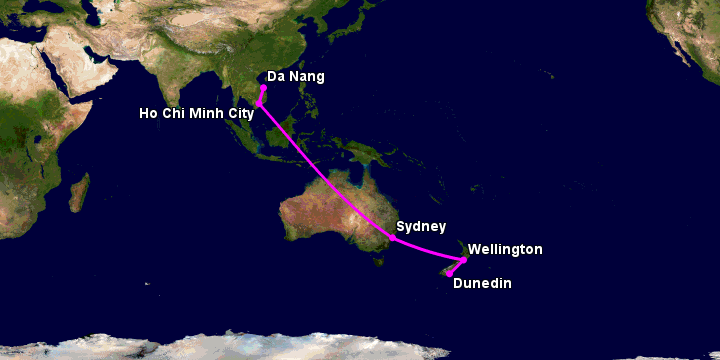 Bay từ Đà Nẵng đến Dunedin qua TP HCM, Sydney, Wellington