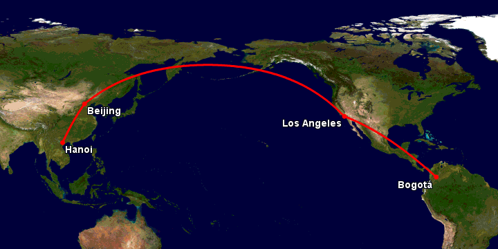 Bay từ Hà Nội đến Bogota qua Bắc Kinh, Los Angeles