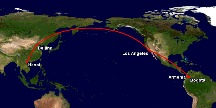Bay từ Hà Nội đến Armenia qua Bắc Kinh, Los Angeles, Bogotá