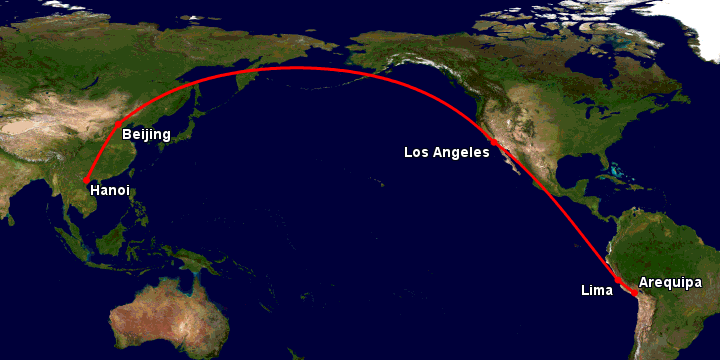 Bay từ Hà Nội đến Arequipa qua Bắc Kinh, Los Angeles, Lima