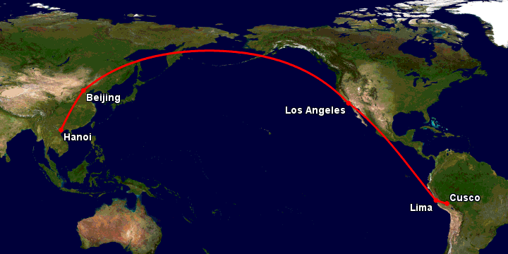Bay từ Hà Nội đến Cuzco qua Bắc Kinh, Los Angeles, Lima