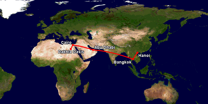 Bay từ Hà Nội đến Dakhla Oasis qua Bangkok, Abu Dhabi, Cairo