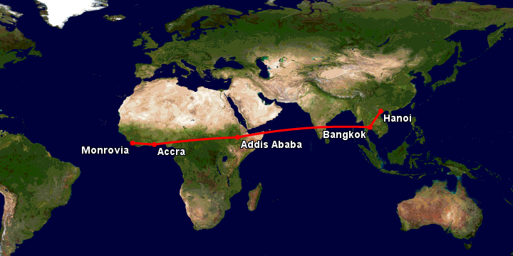 Bay từ Hà Nội đến Monrovia Rob qua Bangkok, Addis Ababa, Accra