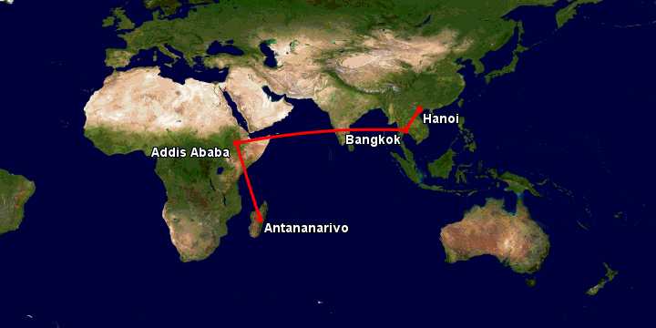 Bay từ Hà Nội đến Antananarivo qua Bangkok, Addis Ababa