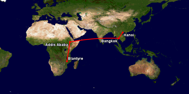 Bay từ Hà Nội đến Blantyre qua Bangkok, Addis Ababa