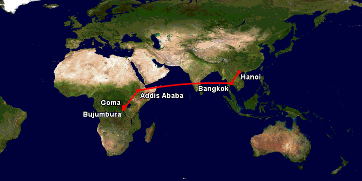 Bay từ Hà Nội đến Goma qua Bangkok, Addis Ababa, Bujumbura