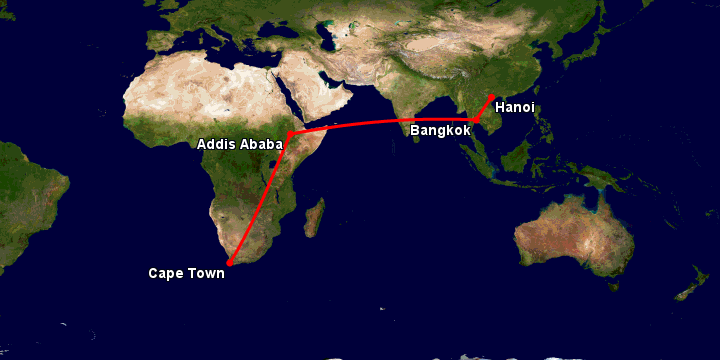 Bay từ Hà Nội đến Cape Town qua Bangkok, Addis Ababa