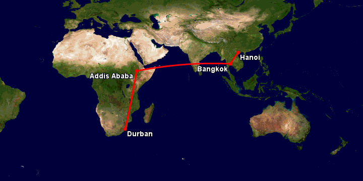 Bay từ Hà Nội đến Durban qua Bangkok, Addis Ababa