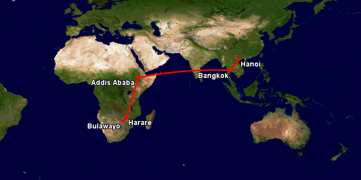 Bay từ Hà Nội đến Bulawayo qua Bangkok, Addis Ababa, Harare