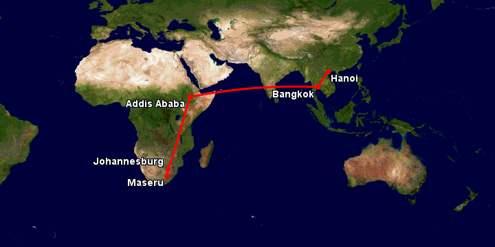Bay từ Hà Nội đến Maseru qua Bangkok, Addis Ababa, Johannesburg