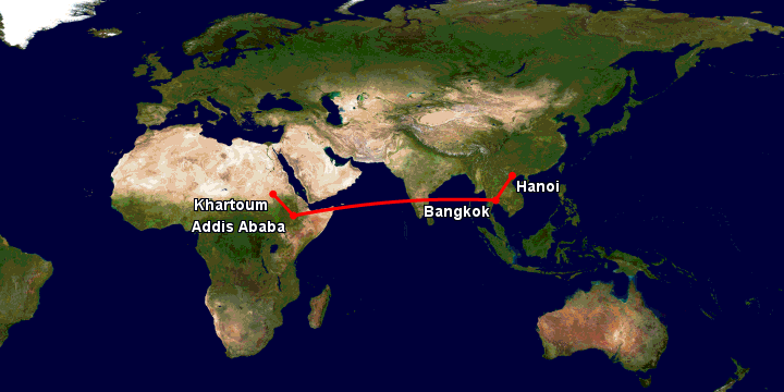 Bay từ Hà Nội đến Khartoum qua Bangkok, Addis Ababa