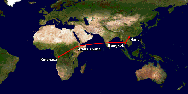 Bay từ Hà Nội đến Kinshasa Ndjili qua Bangkok, Addis Ababa