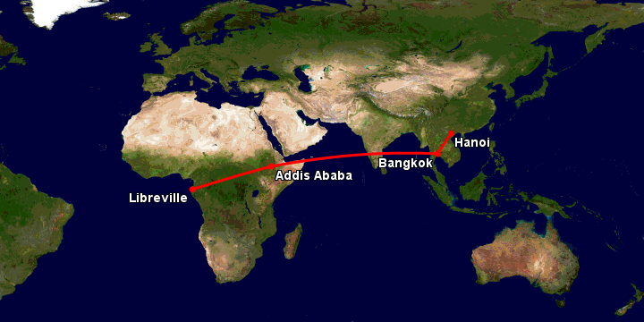 Bay từ Hà Nội đến Libreville qua Bangkok, Addis Ababa