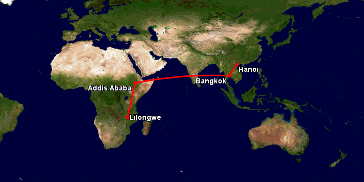 Bay từ Hà Nội đến Lilongwe qua Bangkok, Addis Ababa