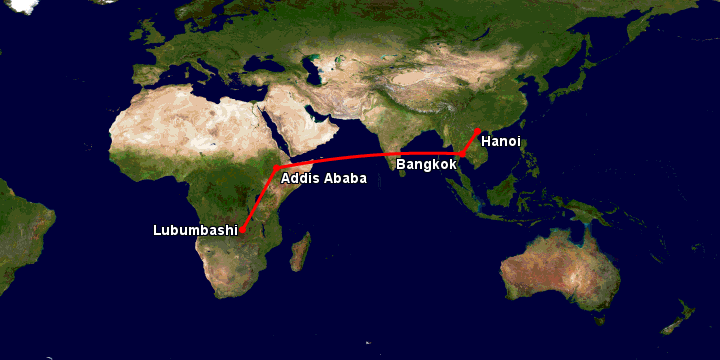 Bay từ Hà Nội đến Lubumbashi qua Bangkok, Addis Ababa