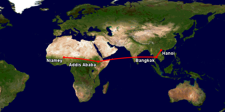 Bay từ Hà Nội đến Niamey qua Bangkok, Addis Ababa