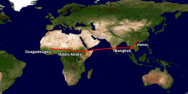 Bay từ Hà Nội đến Ouagadougou qua Bangkok, Addis Ababa