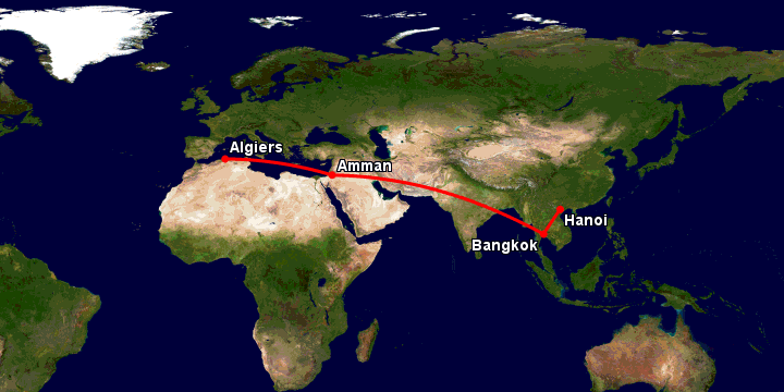 Bay từ Hà Nội đến Algiers qua Bangkok, Amman