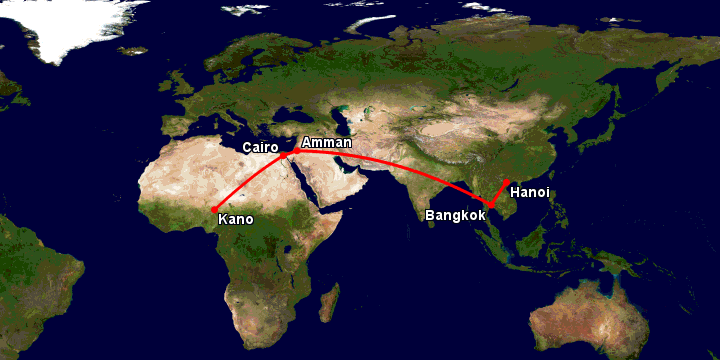 Bay từ Hà Nội đến Kano qua Bangkok, Amman, Cairo