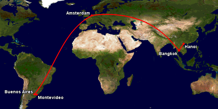 Bay từ Hà Nội đến Montevideo qua Bangkok, Amsterdam, Buenos Aires