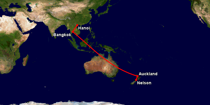 Bay từ Hà Nội đến Nelson qua Bangkok, Auckland