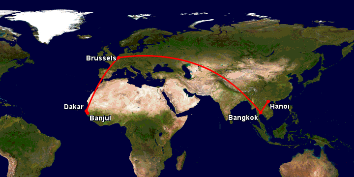 Bay từ Hà Nội đến Banjul qua Bangkok, Brussels, Dakar