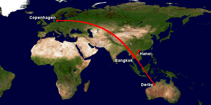 Bay từ Hà Nội đến Derby qua Bangkok, Copenhagen