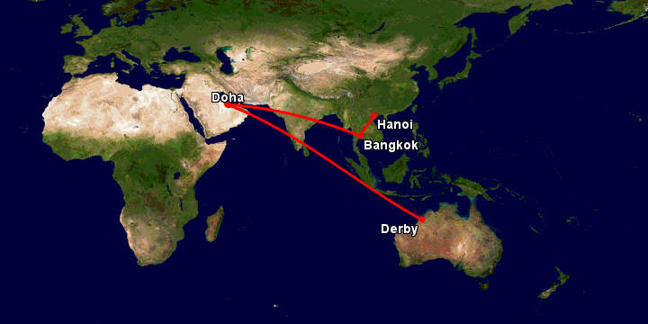 Bay từ Hà Nội đến Derby qua Bangkok, Doha