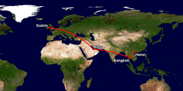 Bay từ Hà Nội đến Dublin qua Bangkok, Doha