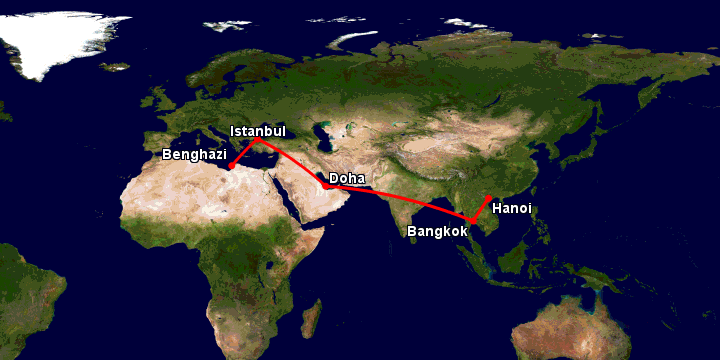 Bay từ Hà Nội đến Benghazi qua Bangkok, Doha, Istanbul