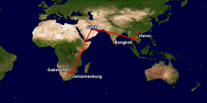 Bay từ Hà Nội đến Gaborone qua Bangkok, Doha, Johannesburg