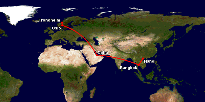Bay từ Hà Nội đến Oslo qua Bangkok, Doha, Oslo, Trondheim