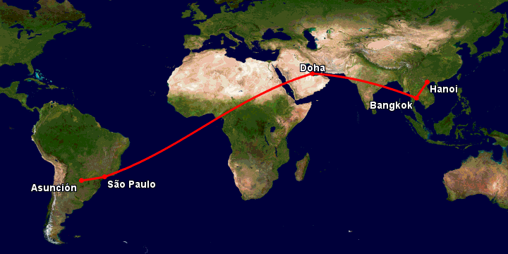Bay từ Hà Nội đến Asuncion qua Bangkok, Doha, Sao Paulo