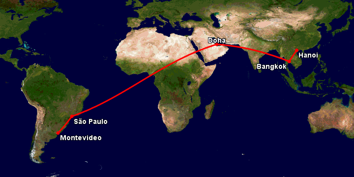Bay từ Hà Nội đến Montevideo qua Bangkok, Doha, Sao Paulo