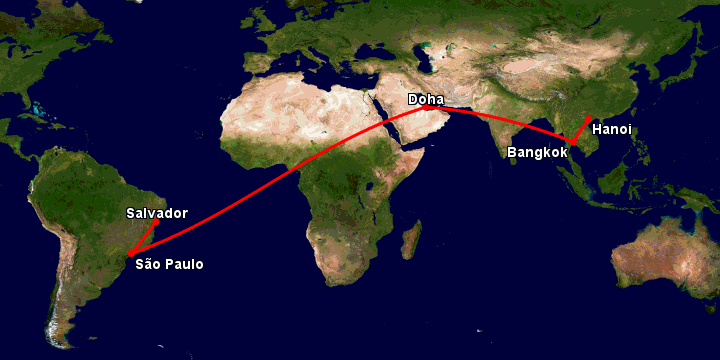 Bay từ Hà Nội đến Salvador qua Bangkok, Doha, Sao Paulo