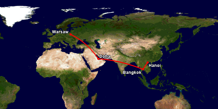 Bay từ Hà Nội đến Warsaw qua Bangkok, Doha