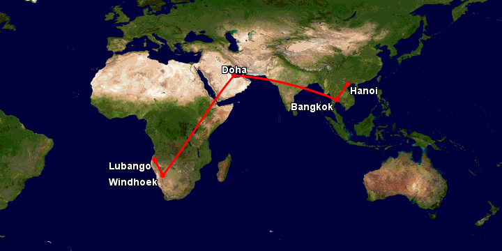 Bay từ Hà Nội đến Lubango qua Bangkok, Doha, Windhoek
