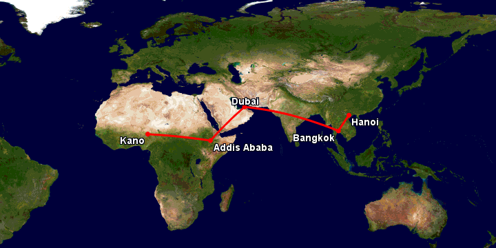 Bay từ Hà Nội đến Kano qua Bangkok, Dubai, Addis Ababa