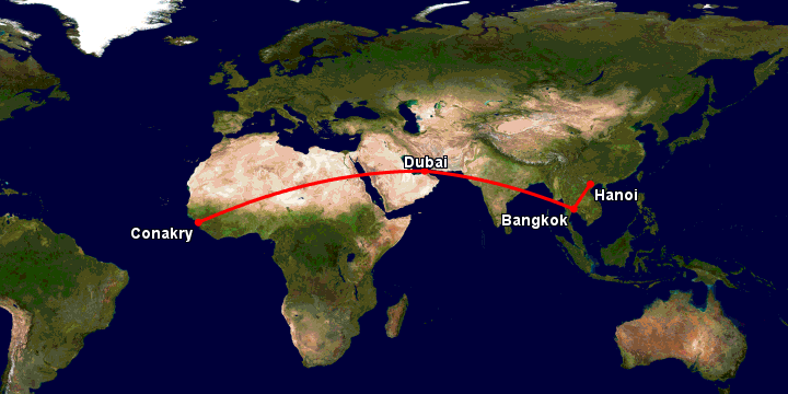 Bay từ Hà Nội đến Conakry qua Bangkok, Dubai