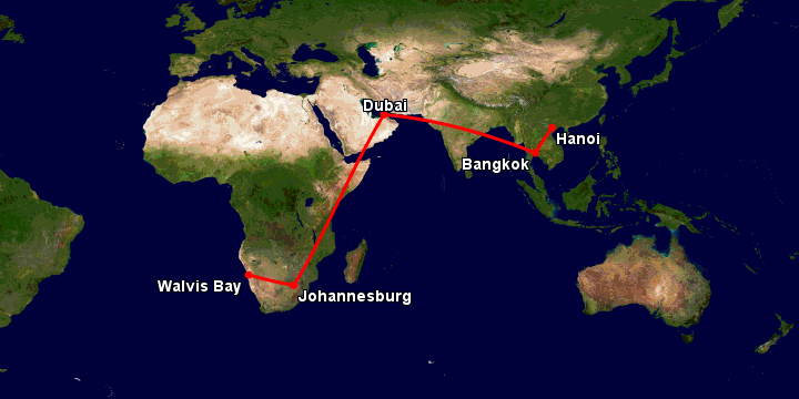 Bay từ Hà Nội đến Walvis Bay qua Bangkok, Dubai, Johannesburg