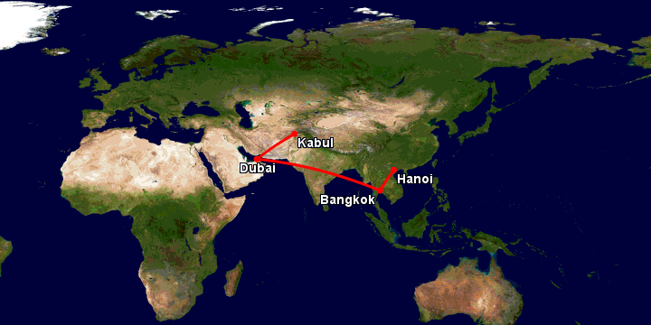 Bay từ Hà Nội đến Kabul qua Bangkok, Dubai