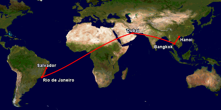Bay từ Hà Nội đến Salvador qua Bangkok, Dubai, Rio de Janeiro