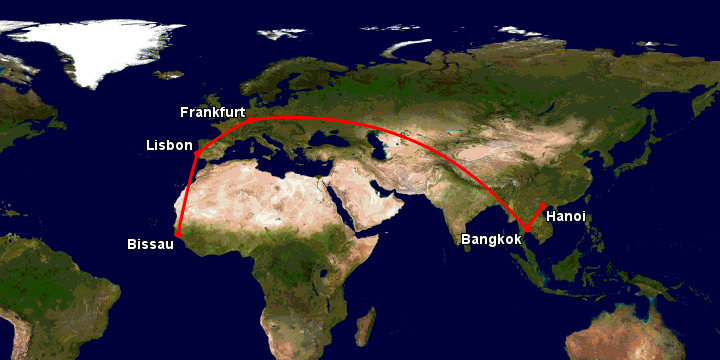 Bay từ Hà Nội đến Bissau qua Bangkok, Frankfurt, Lisbon