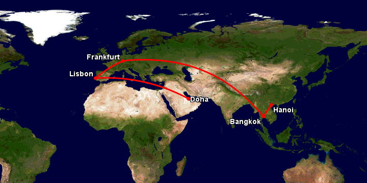 Bay từ Hà Nội đến Doha qua Bangkok, Frankfurt, Lisbon
