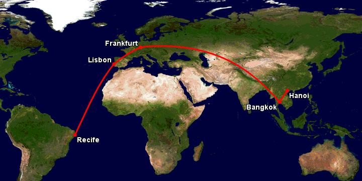 Bay từ Hà Nội đến Recife qua Bangkok, Frankfurt, Lisbon