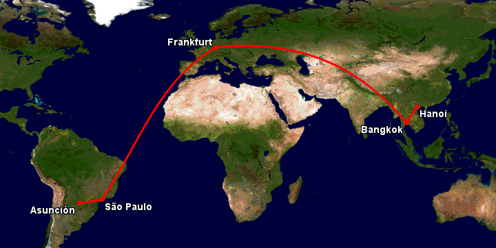 Bay từ Hà Nội đến Asuncion qua Bangkok, Frankfurt, Sao Paulo