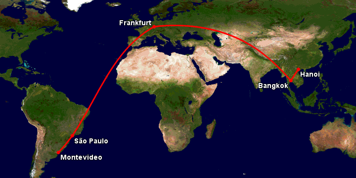 Bay từ Hà Nội đến Montevideo qua Bangkok, Frankfurt, Sao Paulo