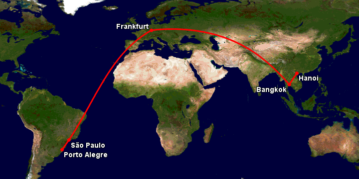 Bay từ Hà Nội đến Porto Alegre qua Bangkok, Frankfurt, Sao Paulo